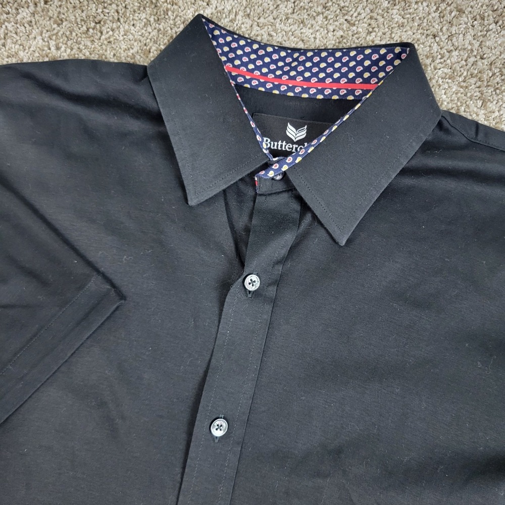 Buttercloth Slim Fit Mens Large Solid Black Performance Button Up Short Sleeve